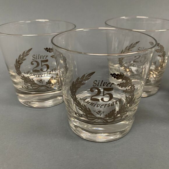 25th Silver Anniversary Old Fashion Clear Glasses Platinum 3 5/8" High Lot of 5 - Picture 3 of 7
